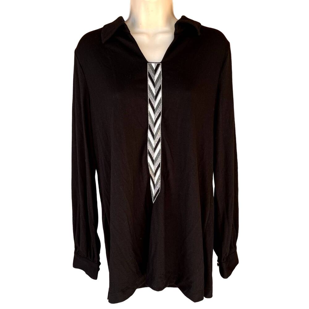 Bob Mackie Pullover Long Sleeve Tunic Shirt Black Embroidered Chevron Womens M